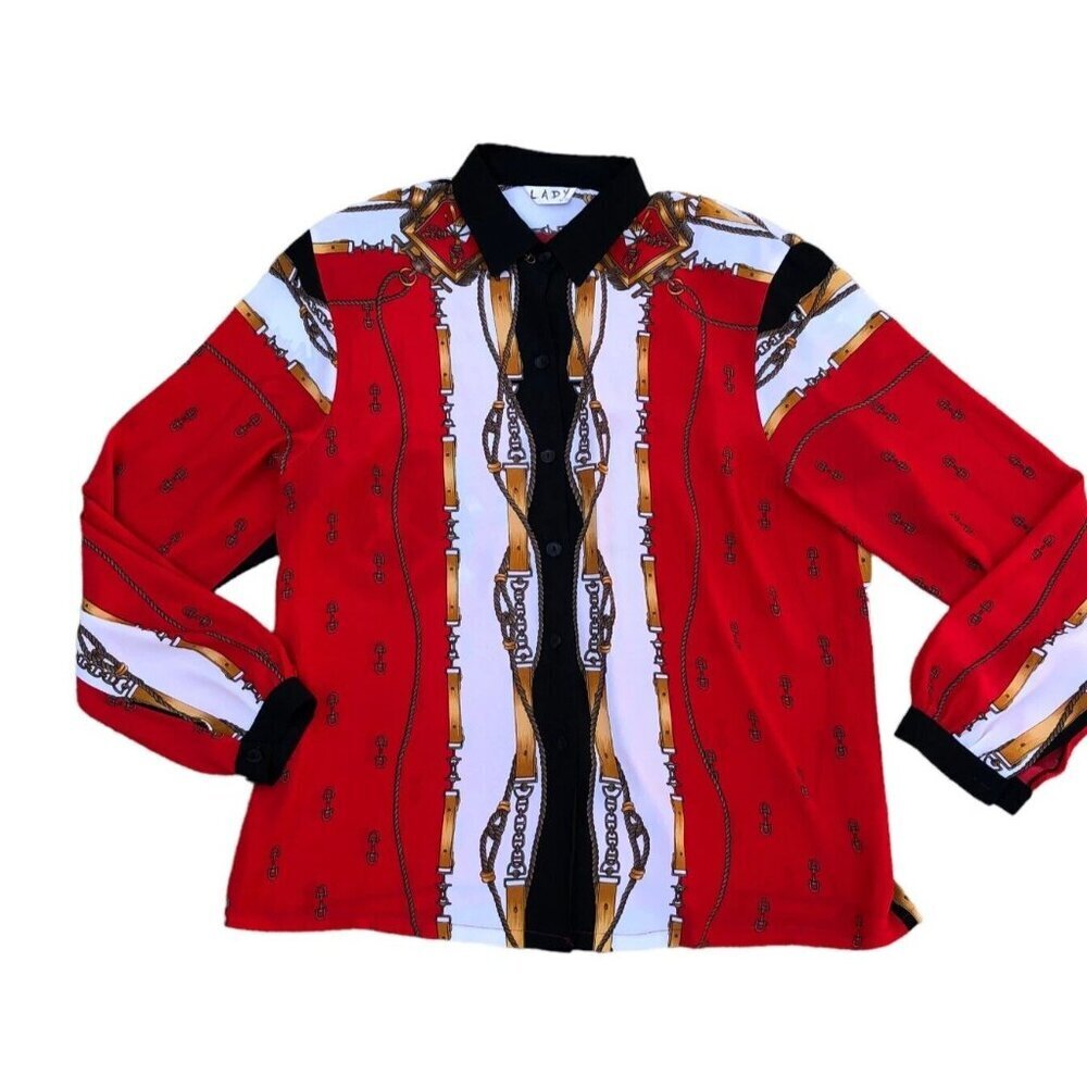 VTG LADY Blouse Top Button Shirt Women's 1X Korean Long Sleeve Red​​